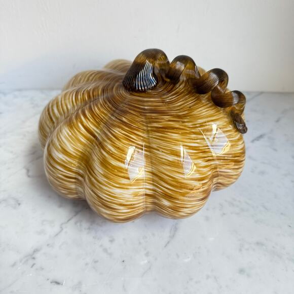 Handblown Glass Pumpkin Fall Harvest Decor Amber Brown Swirl 9”x5.5” - Picture 1 of 9